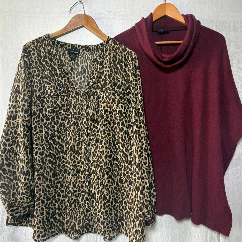 Lane Bryant Top 18 20 Sheer Animal Print Blouse Burgundy Knit Turtleneck LotOf 2 - Picture 1 of 16